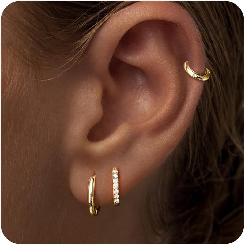 Poxtex Small Sterling Silver Huggie Hoop Earrings Set for Women, Hypoallergenic 14K Gold Plated Hoops Stacks for Multiple Piercings, Dainty Cute Mini Lightweight Cartilage Studs Trendy Jewelry Gift - Image 1